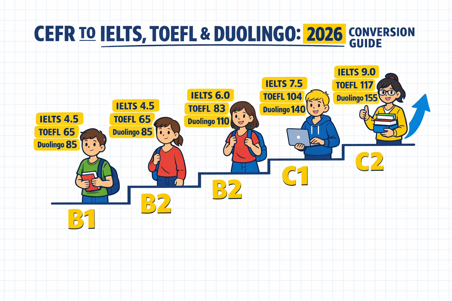 Featured image for CEFR to IELTS, TOEFL and Duolingo Score Conversion: The Complete 2026 Guide
