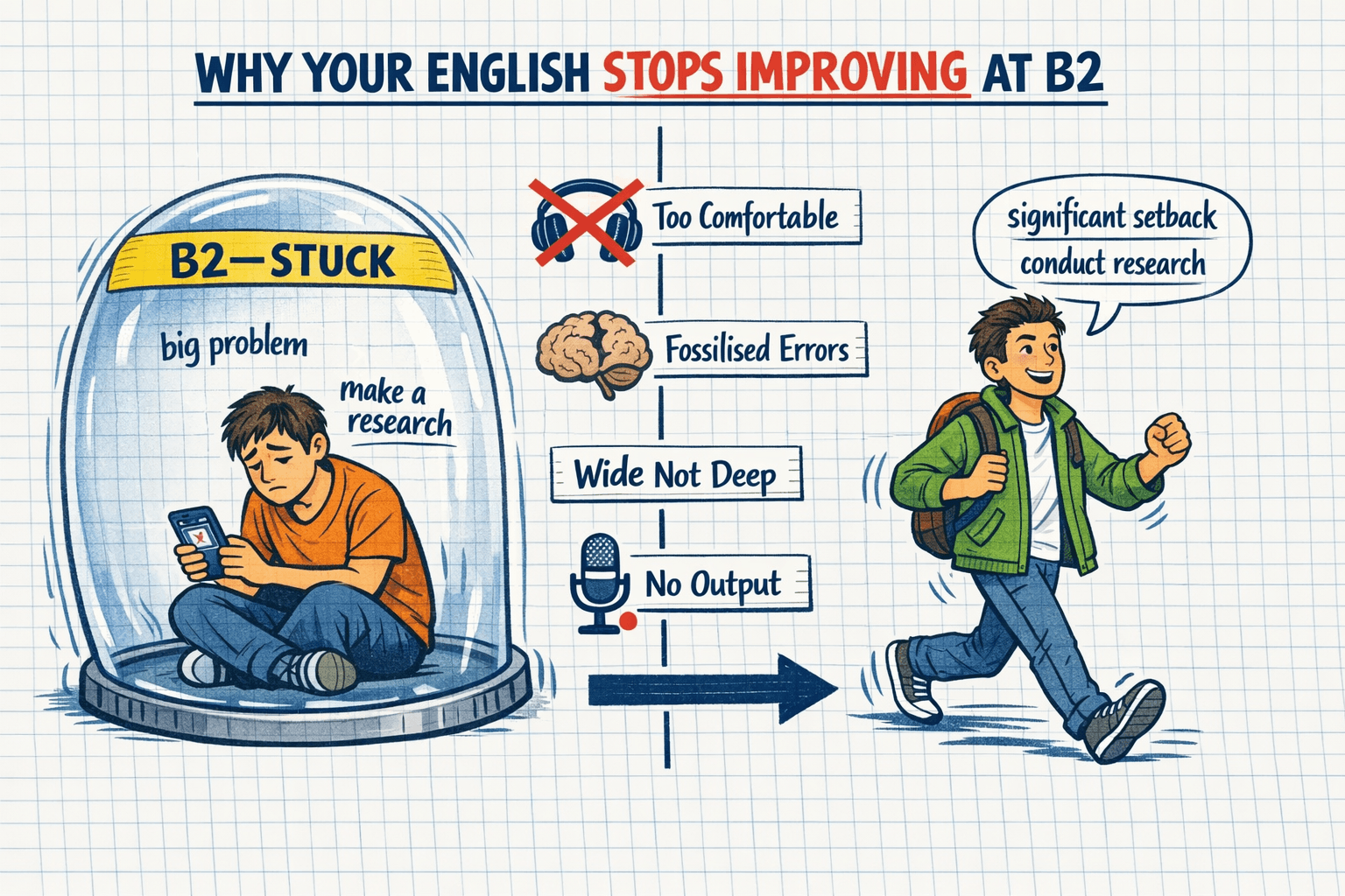 Featured image for Why Your English Stops Improving at B2 (And the Specific Habits That Break the Plateau)
