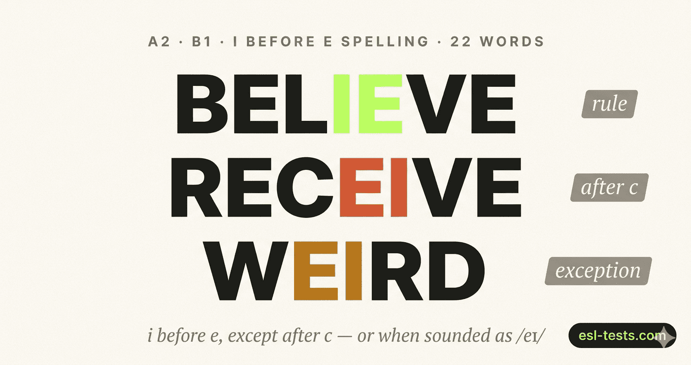 I Before E Spelling Practice: A2–B1 Test | ESL-Tests